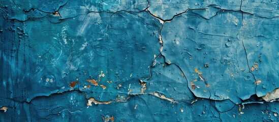 Canvas Print - A blue, cracked wall with layers of paint and chipped plaster, creating a unique texture for a copy space image of an old blue grunge abstract background.