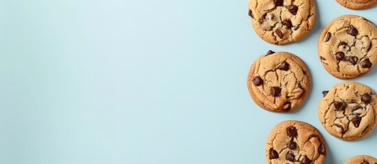 Flat lay composition featuring delicious chocolate chip cookies on a colored background with room for a caption in a copy space image.