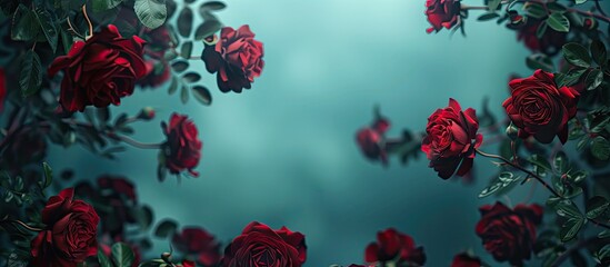 Wall Mural - Copy space image of a scenic rose panorama for Valentine's or wedding background, featuring top panoramic view with red roses.