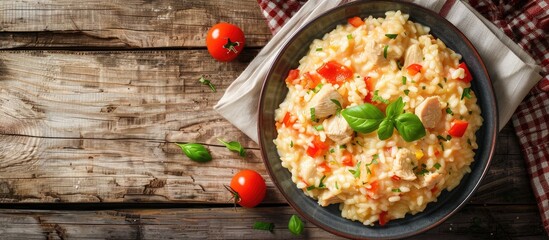 Wall Mural - Top view of a delectable chicken risotto on a rustic wooden table with ample copy space image.