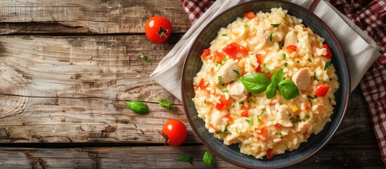 Poster - Top view of a delectable chicken risotto on a rustic wooden table with ample copy space image.