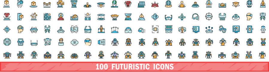 Poster - 100 futuristic icons set. Color line set of futuristic vector icons thin line color flat on white