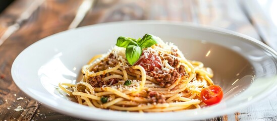 Wall Mural - A charming plate of spaghetti Bolognaise garnished with minced beef, parmesan, cherry tomatoes, and basil, with a clear area for text or images. Copy space image. Place for adding text and design