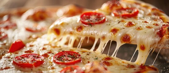 Canvas Print - Close-up photo featuring a delicious pizza Margarita with cheese and tomatoes, ideal for copy space image.