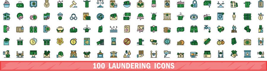 Wall Mural - 100 laundering icons set. Color line set of laundering vector icons thin line color flat on white
