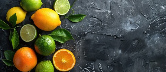 Wall Mural - Fresh ripe citruses like lemons, limes, and oranges arranged on a dark stone background with ample copy space image.