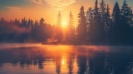 Wall Mural - A beautiful sunrise over a lake, with a majestic pine forest in the background