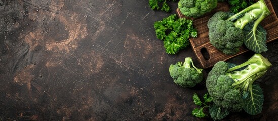 Fresh green broccoli and cabbage on a wooden board with copy space imageXian Shi .