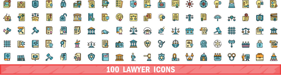 Poster - 100 lawyer icons set. color line set of lawyer vector icons thin line color flat on white