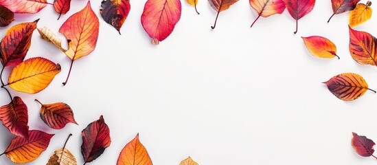 Wall Mural - Colorful autumn leaves frame on a white background with copy space image.