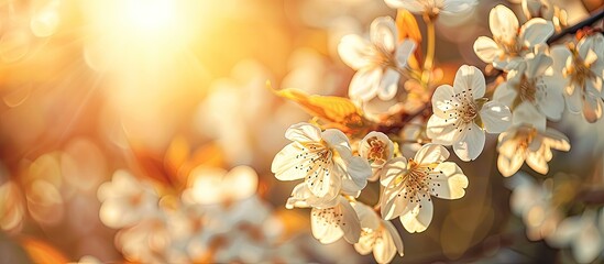 Poster - sunlit macro view of blooming cherry branches in the background with space for text or an image. cop