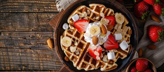 Sticker - A wood plate holds a waffle topped with banana, strawberry, whipped cream, marshmallow, and almond, set against a wooden table background with room for text or graphics. Copy space image