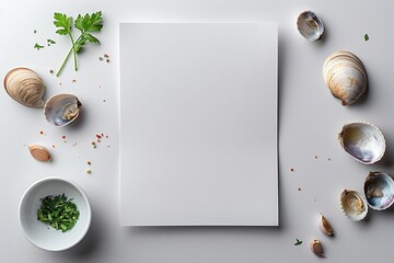 Wall Mural - Clams and parsley around blank white paper on white background. Flat lay seafood mockup photography for design and print
