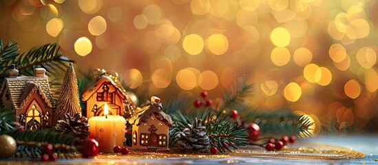 Sticker - Celebrate Christmas joyfully with toy houses, candlelight, and festive decorations against a blurred background of spruce branches, bokeh, and a copy space image for adding your personal touch.