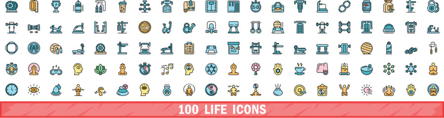 Poster - 100 life icons set. color line set of life vector icons thin line color flat on white