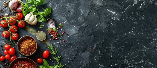 Sticker - Assortment of spices, herbs, and veggies for cooking on a black slate table background. Top-down view with space for adding images. Copy space image. Place for adding text and design