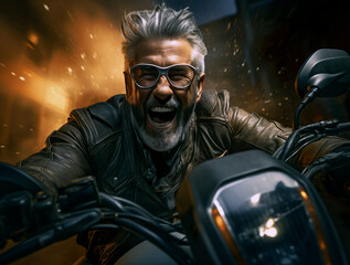 Wall Mural - Brutal hipster biker rides motorcycle without helmet. Active screaming senior retired motorcyclist. Aged grey haired man enjoying his freedom, doing a road trip. male wear leather jacket. Night city