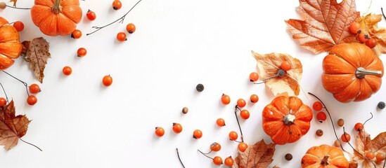 Wall Mural - Autumn-themed composition featuring food harvest elements like pumpkins, dried leaves, and rowan berries isolated on a white background with copy space image.