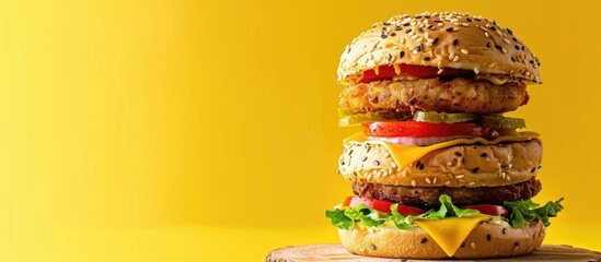 Wall Mural - A substantial burger featuring two fried cutlets, cheese, and veggies nestled in a circular wheat flour bun with copy space image.