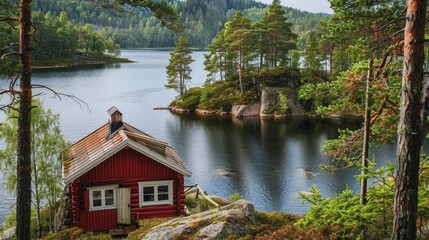 Wall Mural - A red wooden holiday cabin sits on the shore of a lake in Sweden. There's a small sauna next to it, and the water is surrounded by green trees and rocky islands