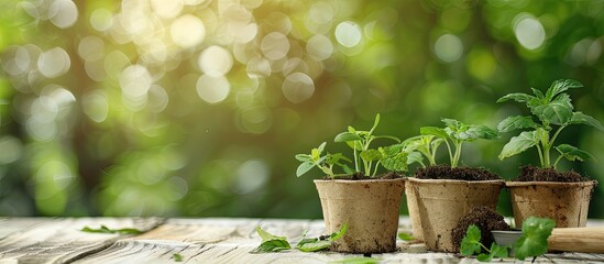 Poster - Seedlings in peat pots with gardening tools displayed on a white wooden table with a blurred natural green background; suitable for a banner with copy space image.