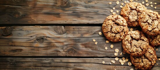 Poster - Oat cookies arranged decoratively on a rustic wooden table with copy space image available.