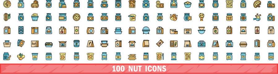 Poster - 100 nut icons set. color line set of nut vector icons thin line color flat on white