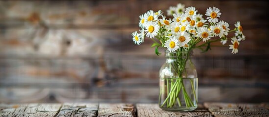 Sticker - A vase holds daisy flowers on a wooden surface with ample copy space image.