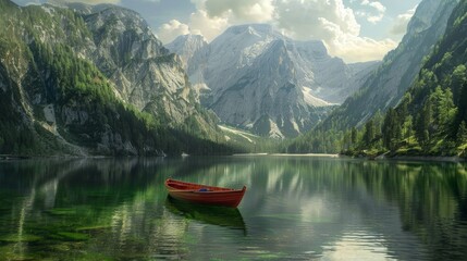 Wall Mural - A small boat drifts on a tranquil lake nestled amidst towering mountains in a national park during a warm summer day