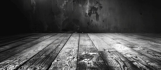 Canvas Print - An aged wooden floor with peeling paint creates a dark vignette backdrop in a black and white image with copy space.