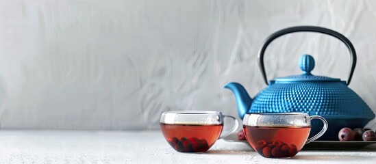 Berry tea in two clear cups accompanied by a blue iron teapot on a white table, against a light gray background, creating a delightful composition with copy space image.