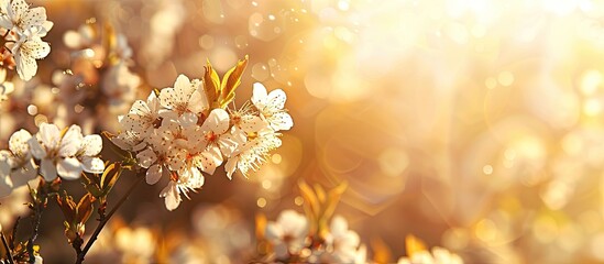 Poster - sunlit macro view of blooming cherry branches in the background with space for text or an image. cop