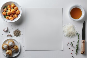 Wall Mural - Gnocchi, cheese, and olive oil around blank white paper on white background. Flat lay food mockup photography for design and print