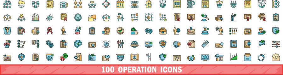 Poster - 100 operation icons set. Color line set of operation vector icons thin line color flat on white