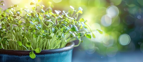 Canvas Print - Close-up of arugula microgreens in a pot with selective focus on the young spring crop, ideal for a copy space image.