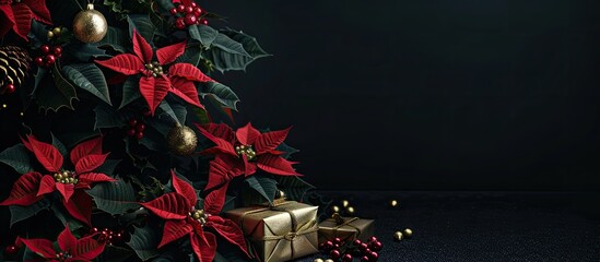 Wall Mural - Festive Christmas card features a Xmas tree, red poinsettia flowers, gold gift boxes on a black background with copy space image.