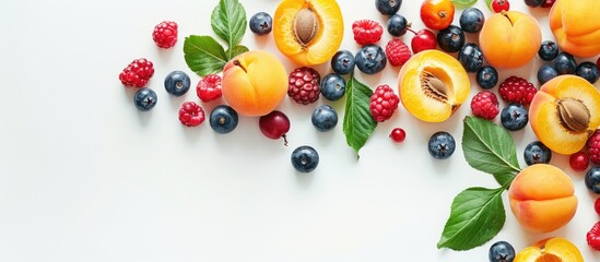 Fresh ripe apricots with leaves isolated on a white background, offering a copy space image for text, amidst an array of vibrant summer berries.