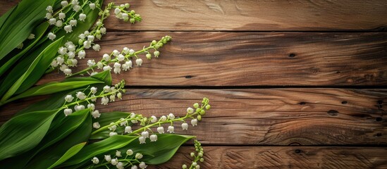 Poster - Lilies of the valley arranged beautifully on a wooden table with a clear space for an image to be placed. Copy space image. Place for adding text and design