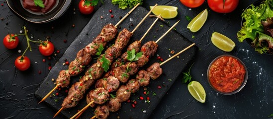 Sticker - Top view of traditional Caucasian lula kebab made from minced beef on skewers, served on a black concrete surface with sauces, tomatoes, and vegetable salad, providing ample copy space image.