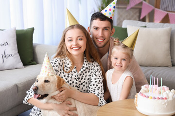 Canvas Print - Happy family with Labrador dog celebrating Birthday at home