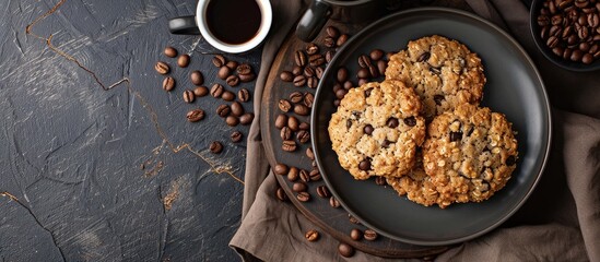 Canvas Print - Morning breakfast with oatmeal cookies and coffee beans, perfect for a cozy start. Enhance your meal with this inviting copy space image.