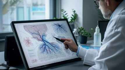 Poster - in a cozy corner of the lab, a researcher uses a digital pen on a touchscreen, unraveling brain myst