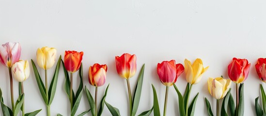 Poster - Tulips set against a white backdrop with copy space image.