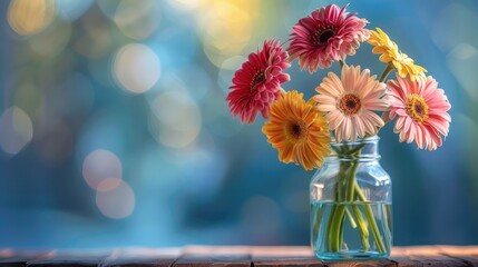 Poster - A bouquet of colorful gerbera daisies in a glass jar