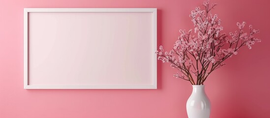 Wall Mural - Top view of a pale pink backdrop with a plain white picture frame, offering ample copy space for adding text or images.