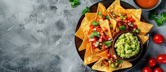 A top view flat lay of Mexican nachos topped with guacamole served on a gray concrete backdrop, with space for additional imagery.