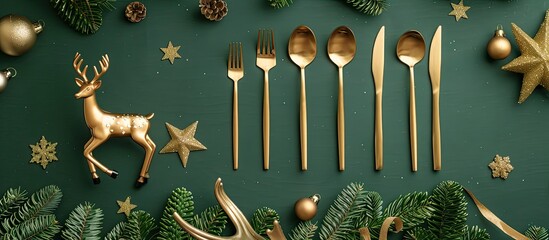 Poster - attractive flat lay arrangement of festive table cutlery set on a green backdrop with decoration inc