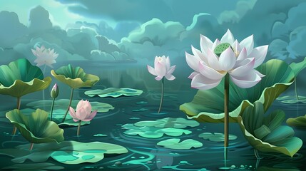 Wall Mural - Beautiful white lotus flower and dragonfly in lake
