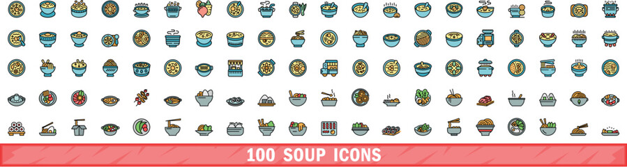 Poster - 100 soup icons set. Color line set of soup vector icons thin line color flat on white