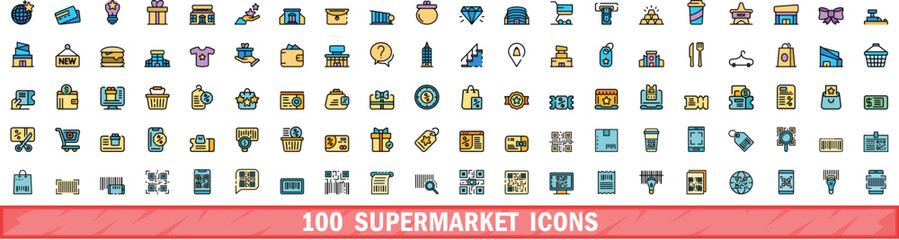 Poster - 100 supermarket icons set. Color line set of supermarket vector icons thin line color flat on white